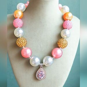Pink Teardrop Crystal Pendant Necklace | Pearl & Rhinestone Bubble Beads |